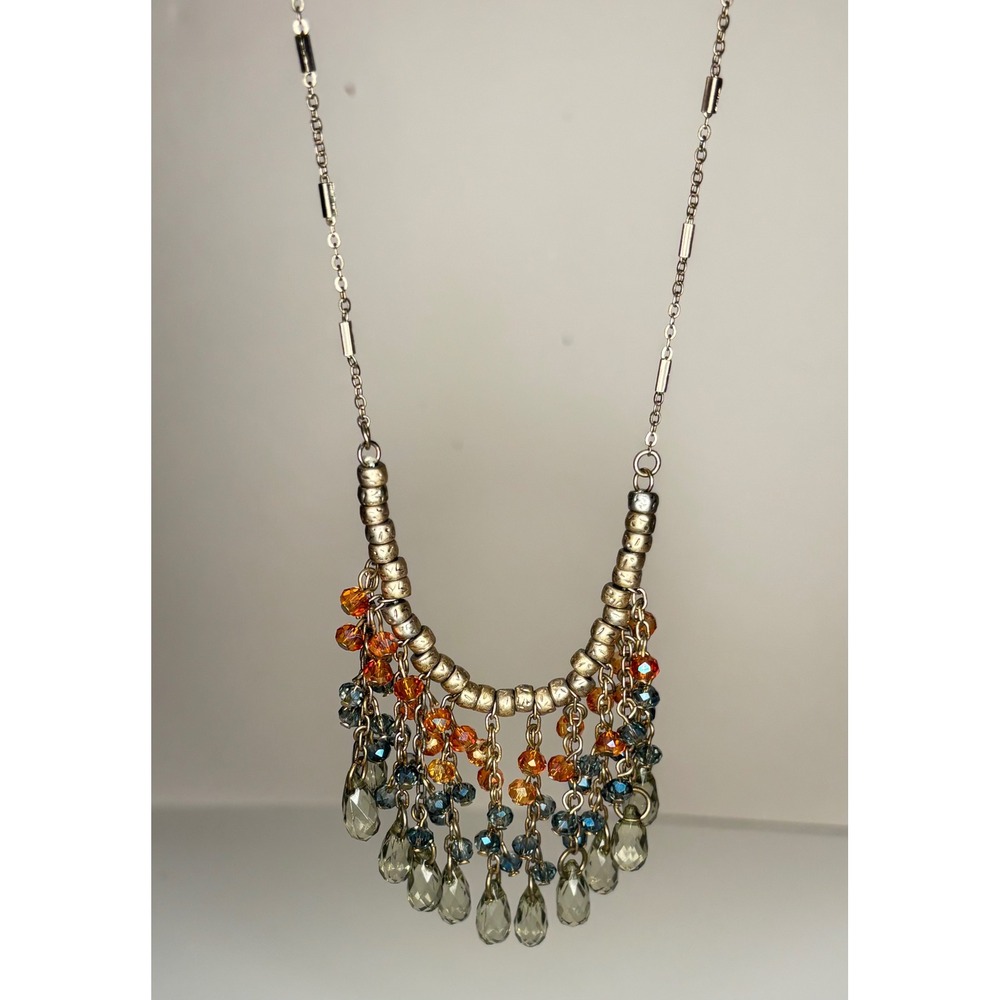 Vintage Acrylic Boho Fringe Bib Necklace Multi Color Teardrop Bead Dangle 29"